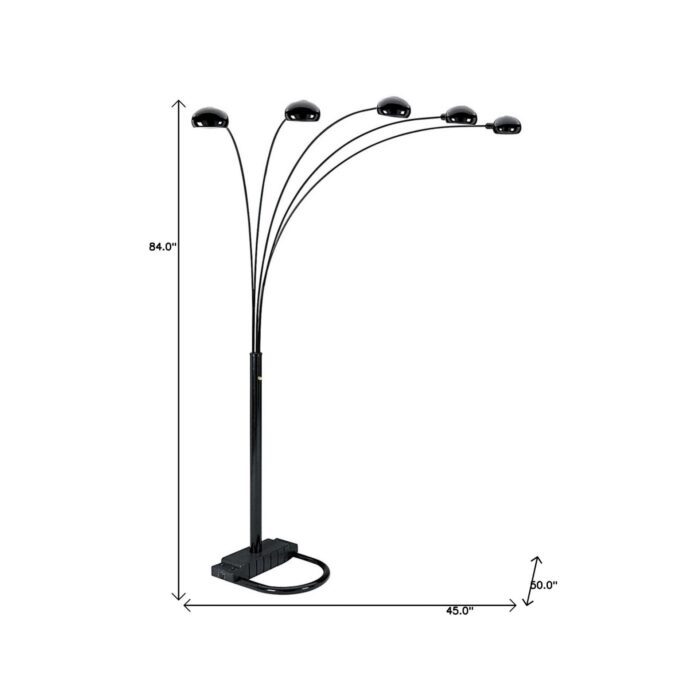 84" Black Five Light Arc Floor Lamp With Black Dome Shade - Image 2