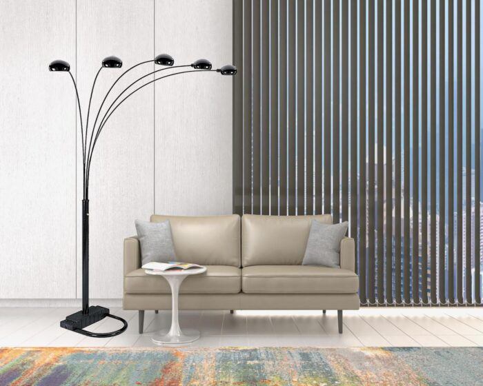 84" Black Five Light Arc Floor Lamp With Black Dome Shade - Image 6