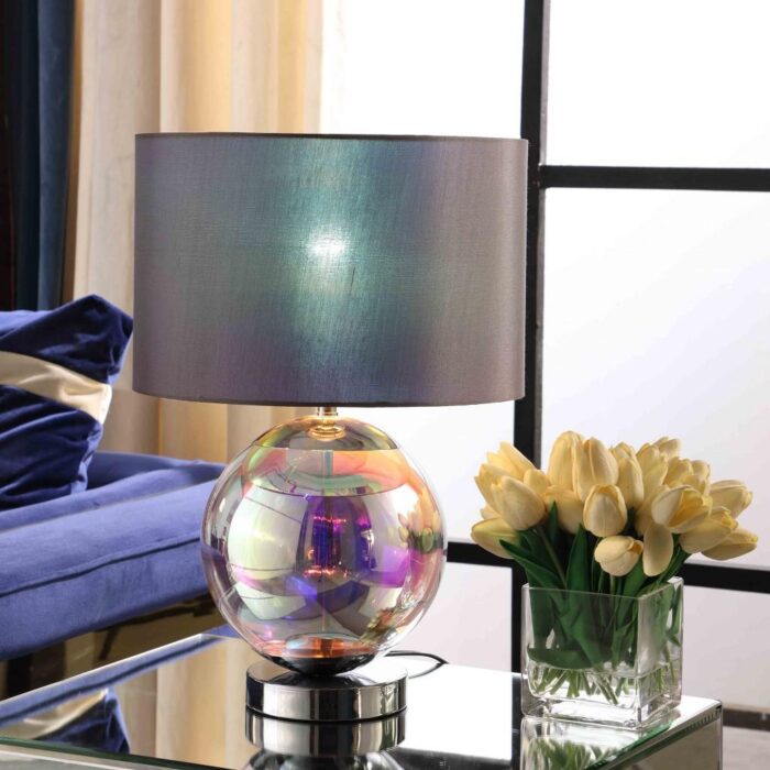 19" Iridescent Glass Globe Table Lamp with Gray Classic Drum Shade - Image 5