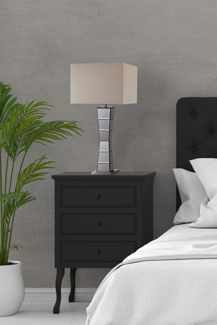 Black Glass Tower Table Lamp with Beige Fabric Shade - Image 2