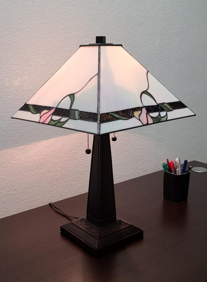 23" White Stained Glass Floral Two Light Mission Style Table Lamp - Image 5