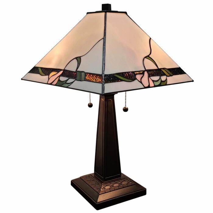 23" White Stained Glass Floral Two Light Mission Style Table Lamp - Image 7