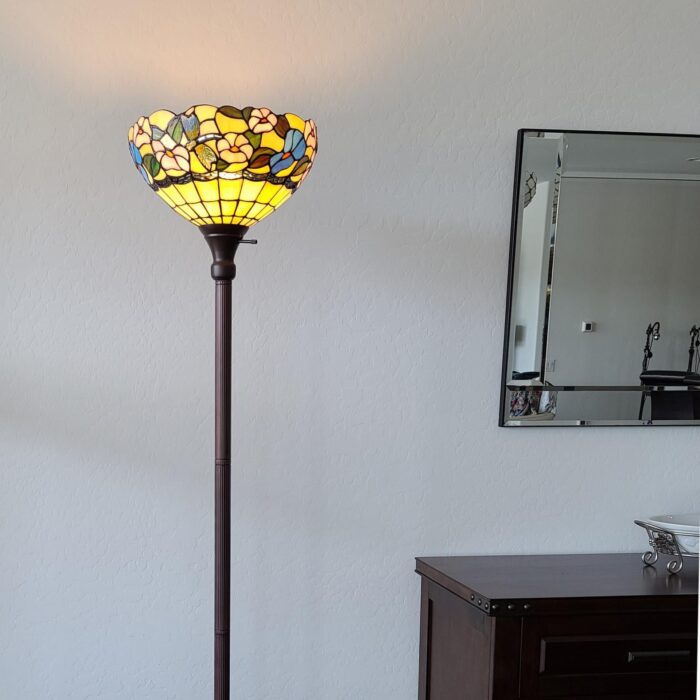 70" Brown Traditional Shaped Floor Lamp With Green And Brown Tiffany Glass Bowl Shade - Image 4