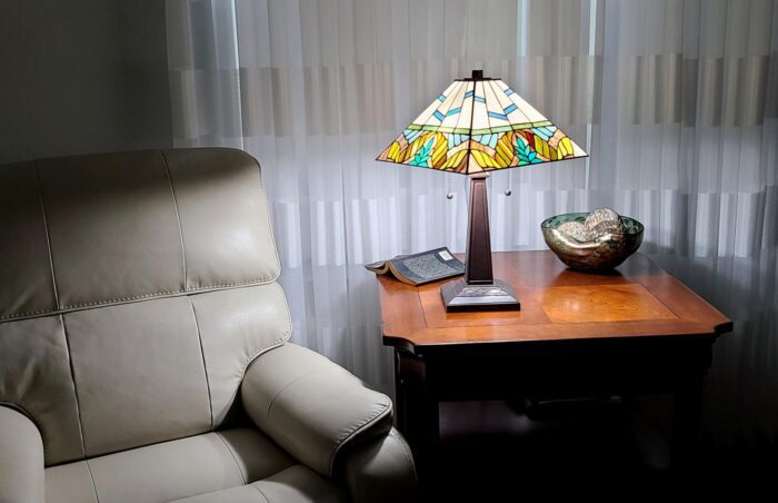 23" White and Aqua Stained Glass Two Light Mission Style Table Lamp - Image 2