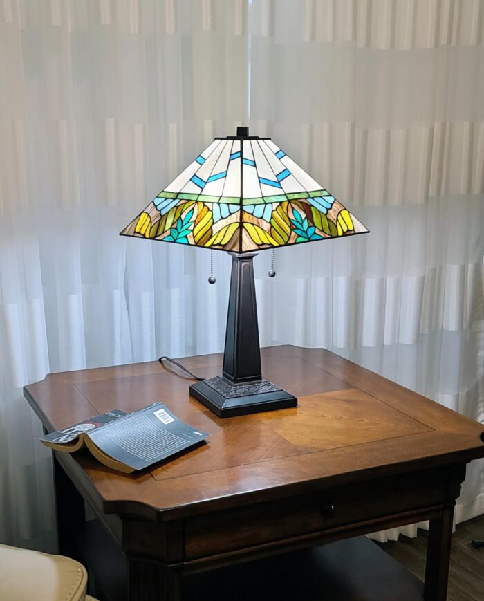23" White and Aqua Stained Glass Two Light Mission Style Table Lamp - Image 3