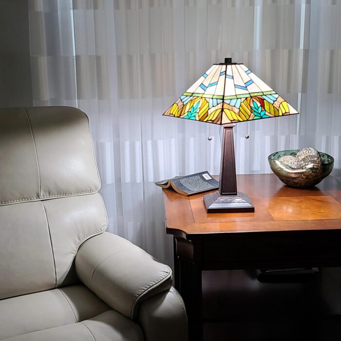 23" White and Aqua Stained Glass Table Lamp
