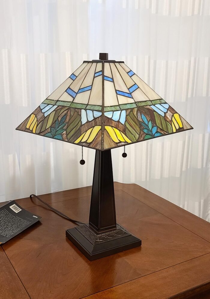 23" White and Aqua Stained Glass Two Light Mission Style Table Lamp - Image 5