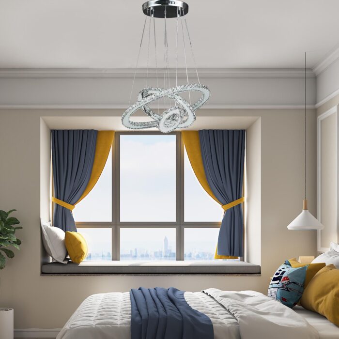 17" Silver Chrome Geometric Asymmetrical Stacking Rings LED Chandelier - Image 2