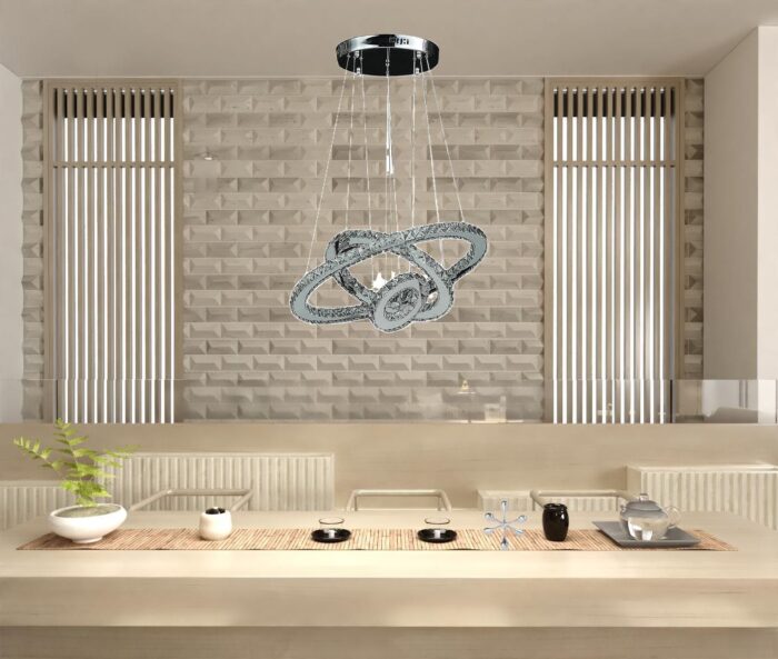 17" Silver Chrome Geometric Asymmetrical Stacking Rings LED Chandelier - Image 7