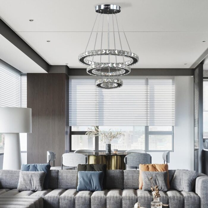 28" Silver Chrome Geometric Asymmetrical Stacking Rings LED Chandelier - Image 2