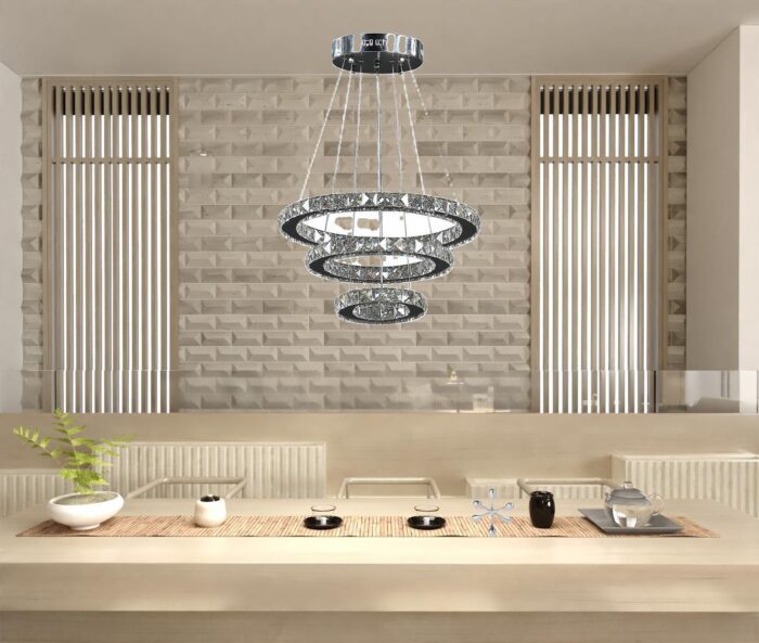 28" Silver Chrome Geometric Asymmetrical Stacking Rings LED Chandelier - Image 7