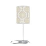 20" Silver Table Lamp With Gold And White Filigree Scroll Cylinder Shade