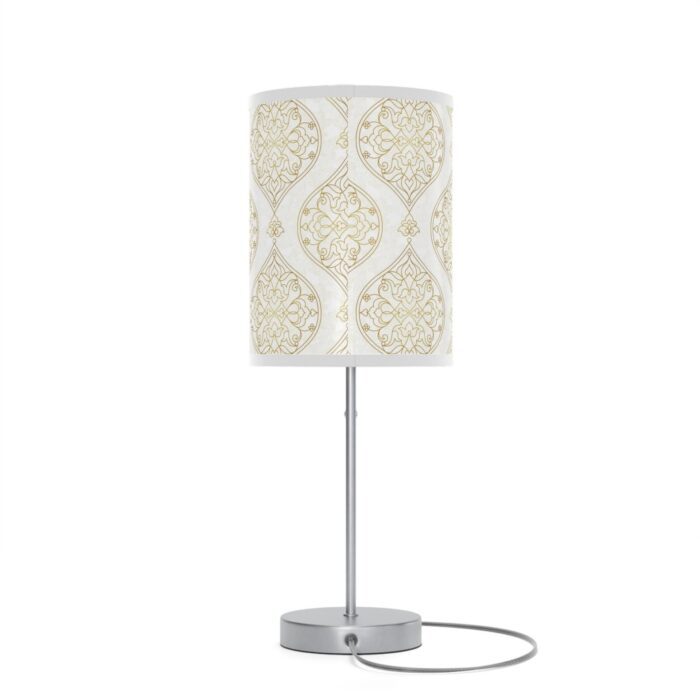 20" Silver Table Lamp With Gold And White Filigree Scroll Cylinder Shade - Image 2