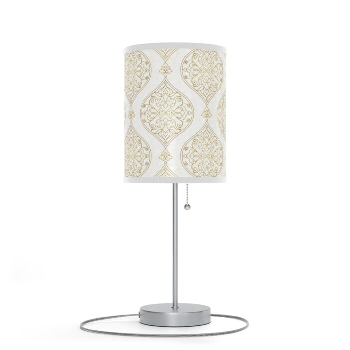 20" Silver Table Lamp With Gold And White Filigree Scroll Cylinder Shade - Image 3