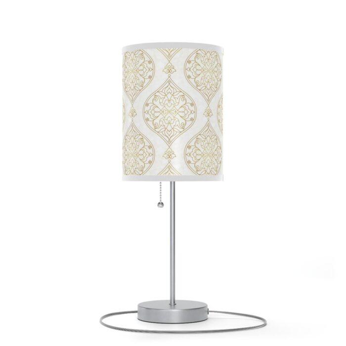 20" Silver Table Lamp With Gold And White Filigree Scroll Cylinder Shade - Image 4
