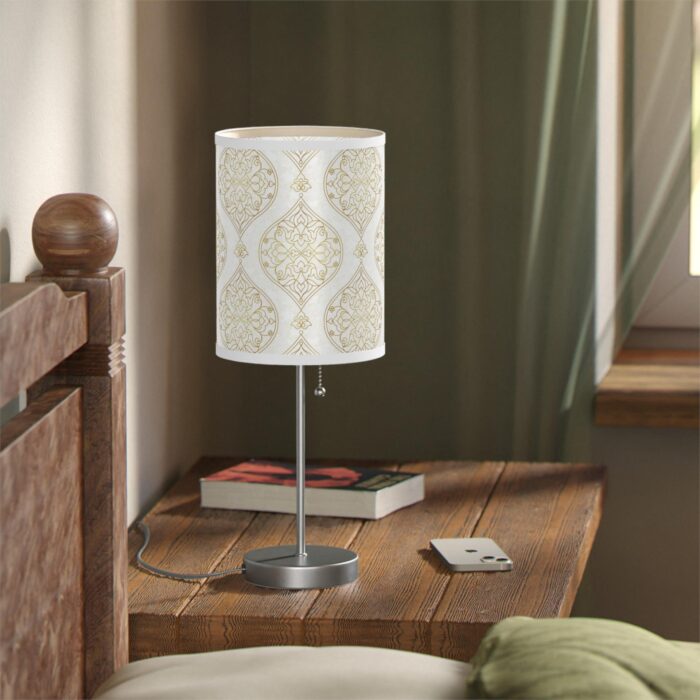 20" Silver Table Lamp With Gold And White Filigree Scroll Cylinder Shade - Image 5