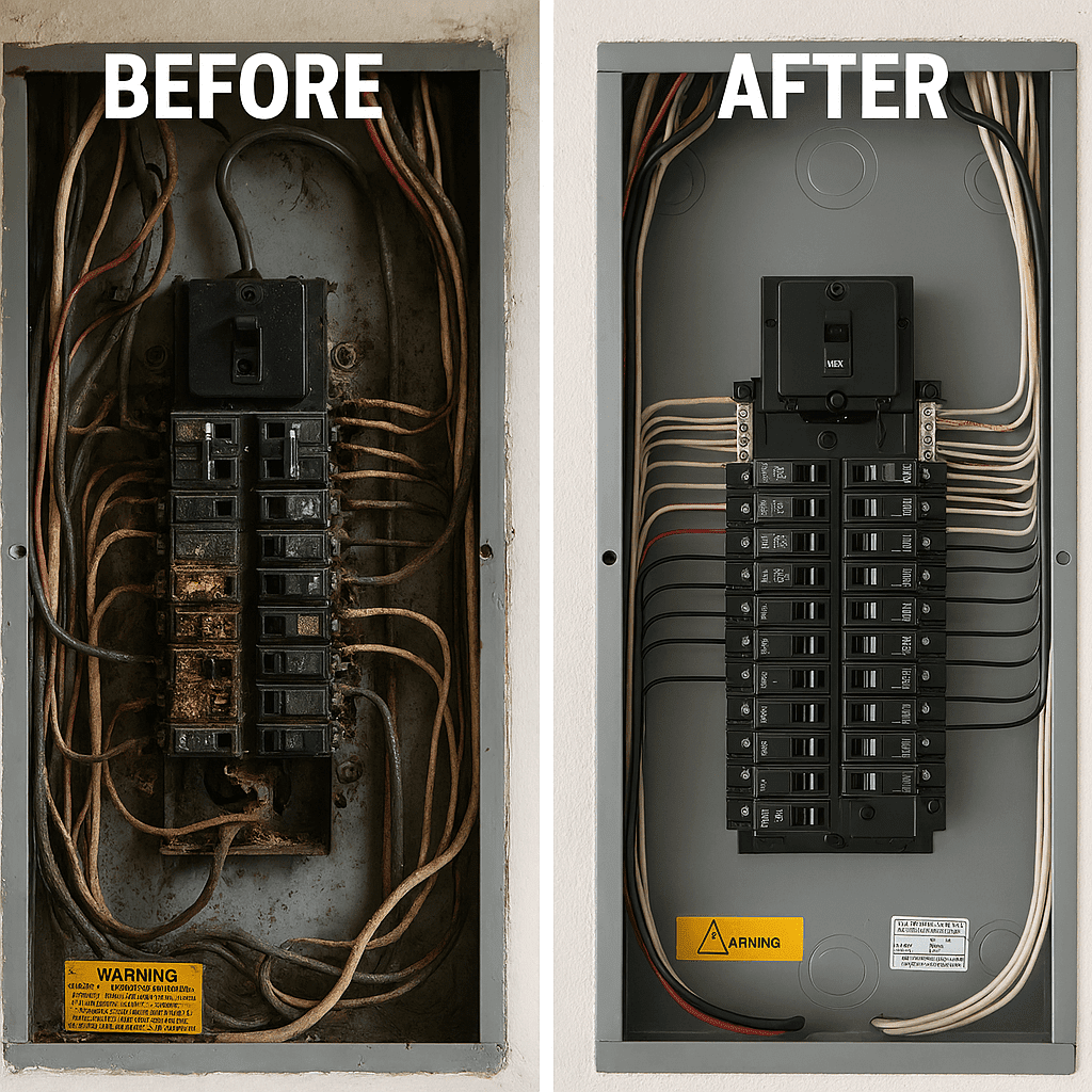 Before-and-after image of a repaired electrical panel.