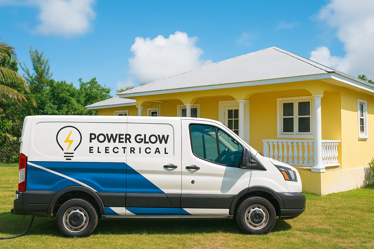 Power Glow Electrical service van at a Bahamian home